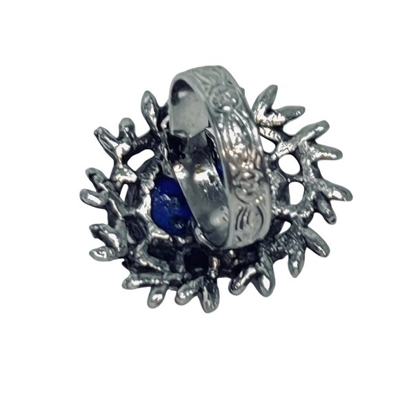 Silver Tone And Blue Lucite Floral Adjustable Ring (R464) - Picture 7 of 8